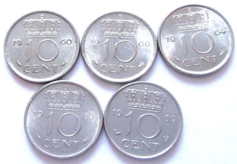 10 Cents Netherlands 1960 + 1964 + 1965 + 1966 + 1969