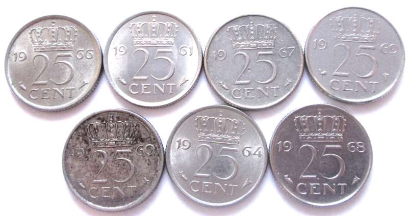 25 Cents Netherlands 1960 + 1961 + 1964 + 1966 - 1969