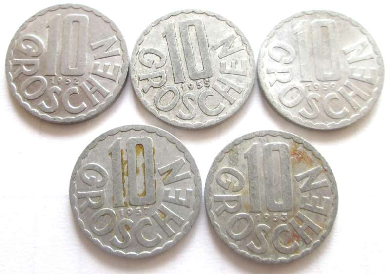 10 Groschen Austria 1952 + 1953 + 1955 + 1957 + 1959