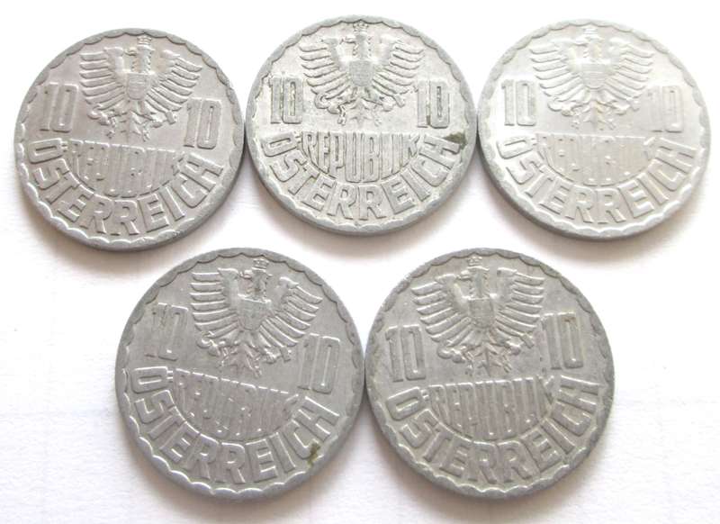 10 Groschen Austria 1952 + 1953 + 1955 + 1957 + 1959