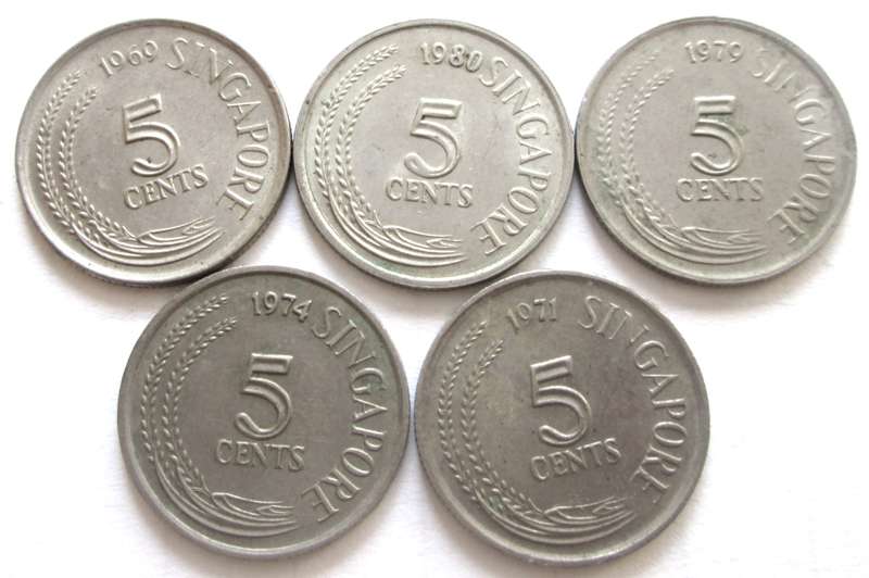 5 Cents Singapore 1969 + 1971 + 1974 + 1979 + 1980