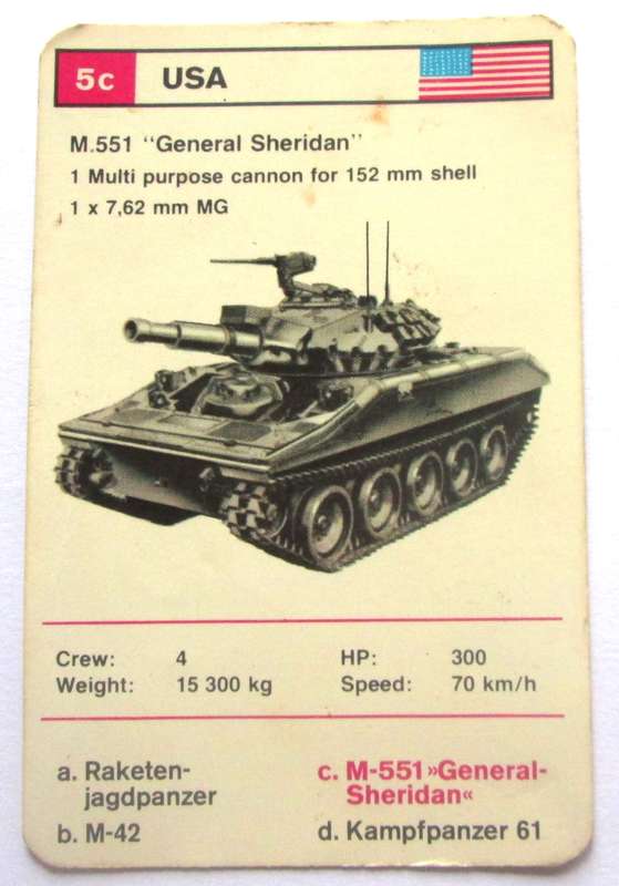 1970 USA M-551 General Sheridan Military Tanks Trading Card