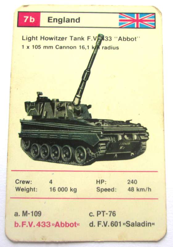 1970 England Light Howitzer Tank F.V. 433 Abbot Military Tanks Trading Card