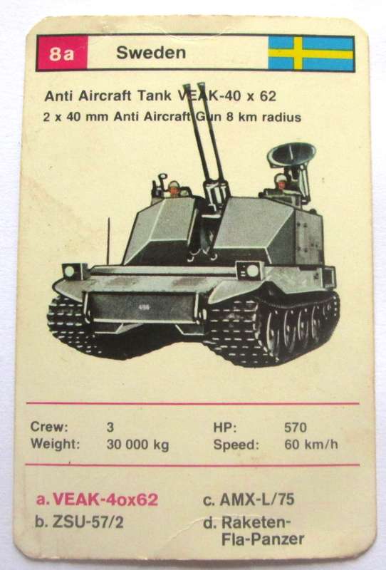 1970 Sweden Anti Aircraft Tank VEAK - 40 x 62 Military Tanks Trading Card