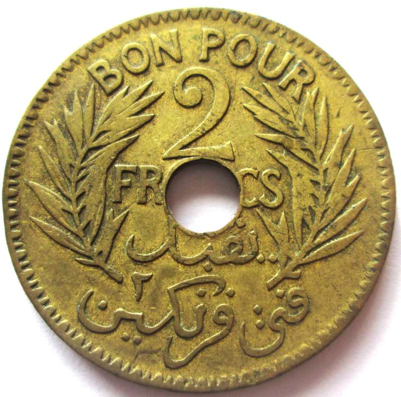 1921 - 1945 Tunisia 2 Francs