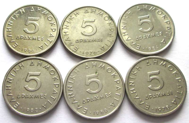 5 Drachmes Greece 1976 + 1978 + 1982 + 1984 + 1986 + 1988