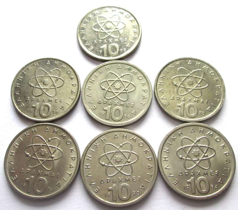 10 Drachmai Greece 1976 + 1978 +  1984 + 1986 + 1988 + 1990 + 1998