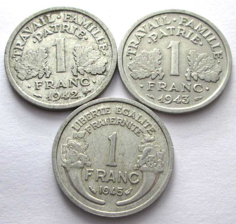 1 Franc France 1942 + 1943 + 1945