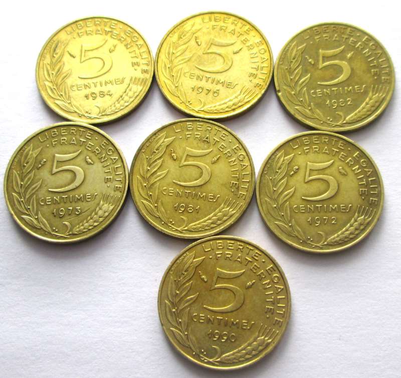 5 Centimes France 1972 + 1973 + 1976 + 1981 + 1982 + 1984 + 1990