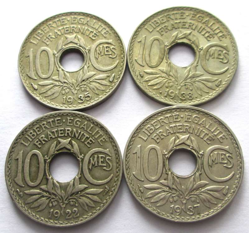 10 Centimes France 1922 + 1935 + 1937 + 1938