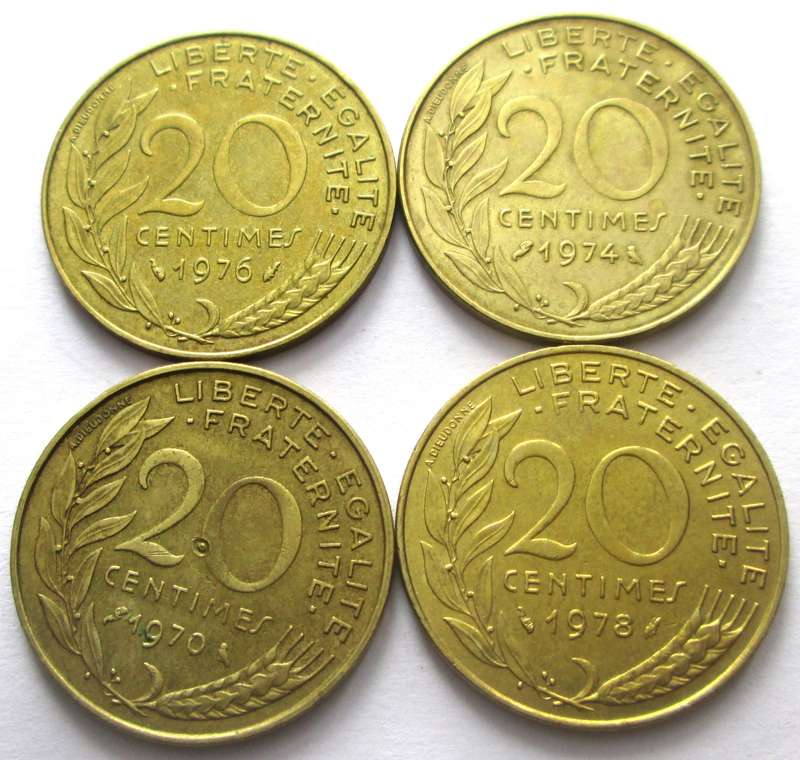 20 Centimes France 1970 + 1974 + 1976 + 1978