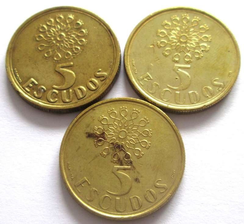 5 Escudos Portugal 1987 + 1989 + 1992
