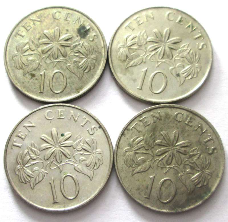 10 Cents Singapore 1985 + 1986 + 1990 + 1993