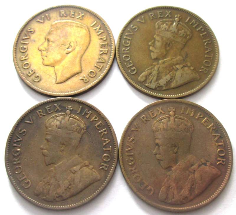 One Penny Union of South Africa 1934 + 1935 + 1936 + 1938