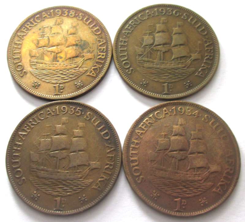 One Penny Union of South Africa 1934 + 1935 + 1936 + 1938