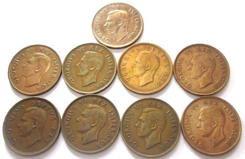 One Penny Union of South Africa 1940 - 1946 + 1948 + 1949