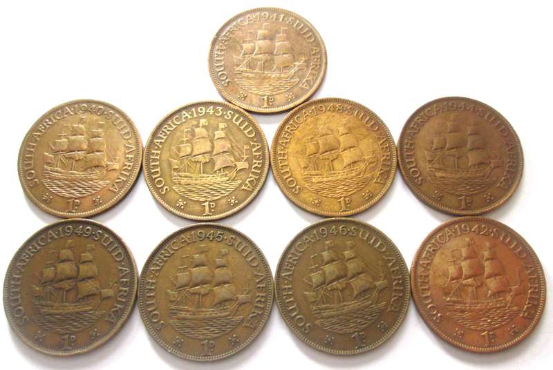One Penny Union of South Africa 1940 - 1946 + 1948 + 1949