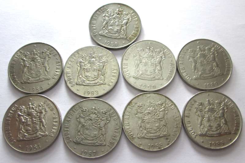 Fifty Cents Republic of South Africa 1980 + 1981 + 1983 - 1985 + 1987 - 1990