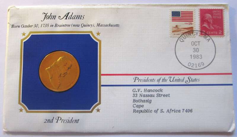 John Adams 2nd President US Mint Presidential Medal Postal Cover 1983