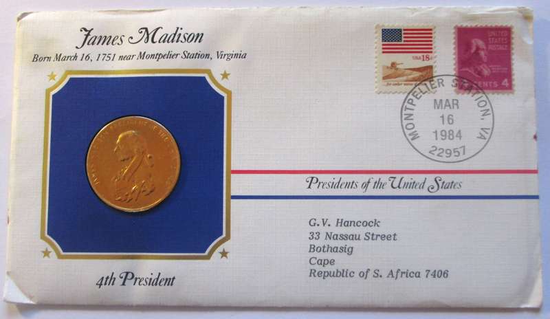 1984 James Madison 4th President US Mint Presidential Medal Postal Cover