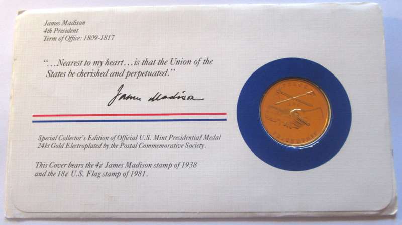 1984 James Madison 4th President US Mint Presidential Medal Postal Cover