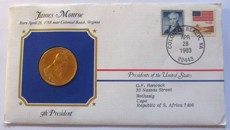James Monroe 5th President US Mint Presidential Medal Postal Cover 1983