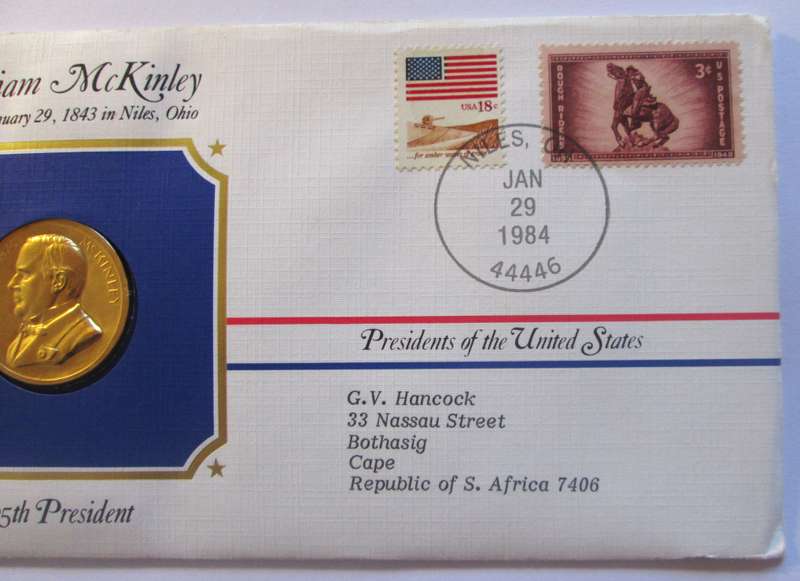 1984 William McKinley 25th President US Mint Presidential Medal Postal Cover