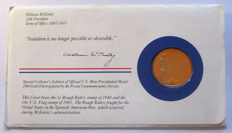 1984 William McKinley 25th President US Mint Presidential Medal Postal Cover