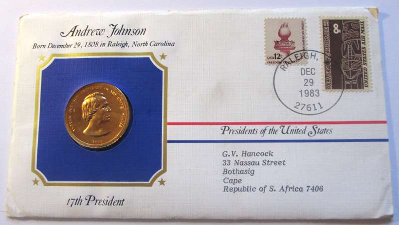 Andrew Johnson 17th President US Mint Presidential Medal Postal Cover 1983