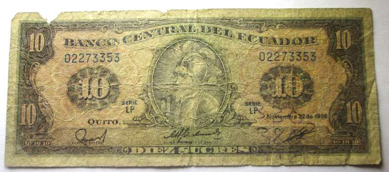 1988 Ecuador 10 Sucres Serial Nr LP 02273353