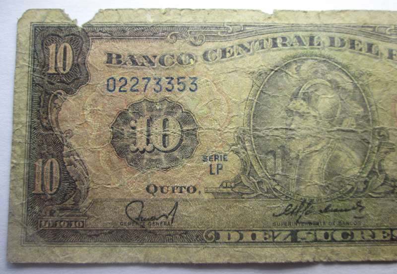 1988 Ecuador 10 Sucres Serial Nr LP 02273353