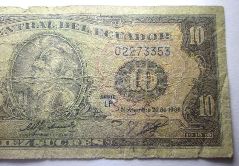 1988 Ecuador 10 Sucres Serial Nr LP 02273353
