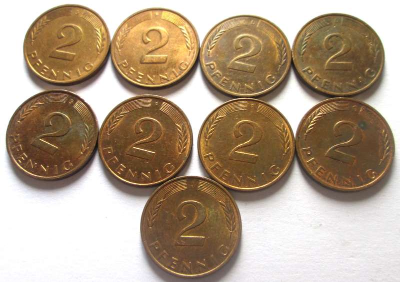 2 Pfennig Germany 1980 + 1983 - 1984 + 1990 - 1993 + 1995