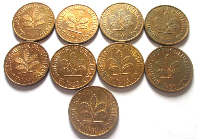 2 Pfennig Germany 1980 + 1983 - 1984 + 1990 - 1993 + 1995