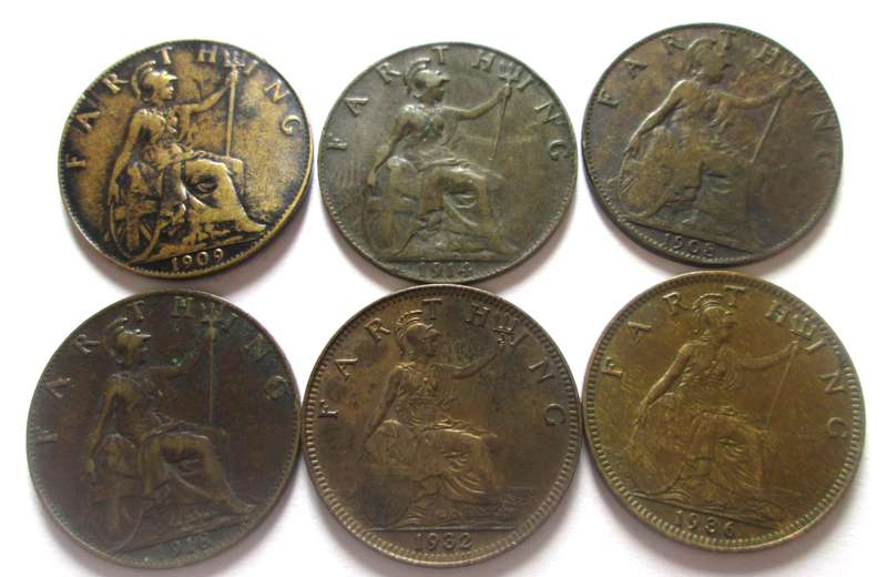 Farthing Great Britain 1908 + 1909 + 1914 + 1918 + 1932 + 1936