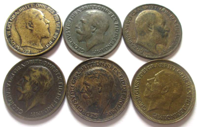 Farthing Great Britain 1908 + 1909 + 1914 + 1918 + 1932 + 1936