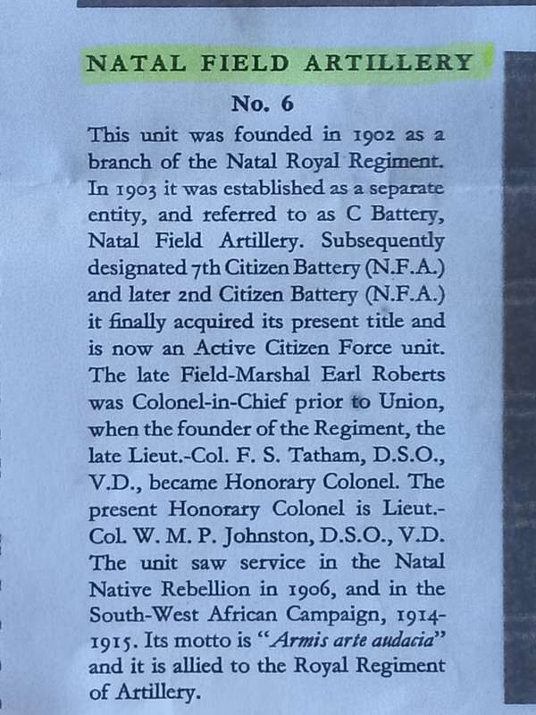 SA ARMY PRIOR TO UNION-NATAL FIELD ARTILLERY