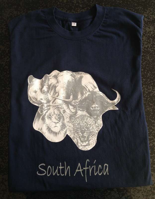T Shirt - " Big Five  "  2 Colour - Grey  & White Print on 145gr Black Cotton T shirt - Size Large