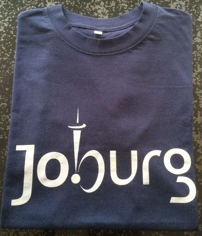 T Shirt - " Joburg "  Silver Grey Print on 145gr Navy Cotton T shirt - Size XL