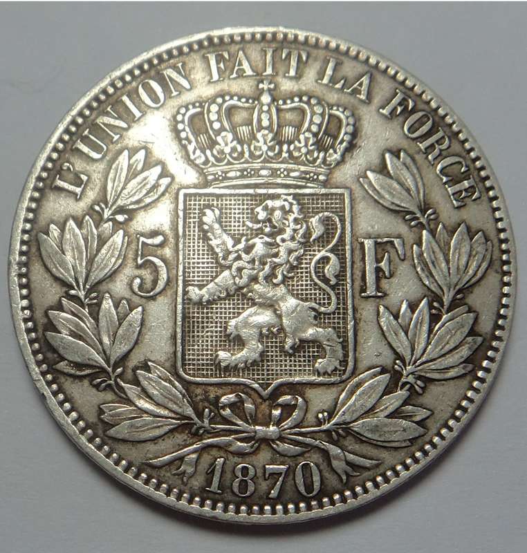 Belgium: Leopold II, Crown-sized Silver 5-Francs 1870
