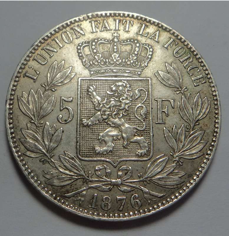 Belgium: Leopold II, Crown-sized Silver 5-Francs 1876