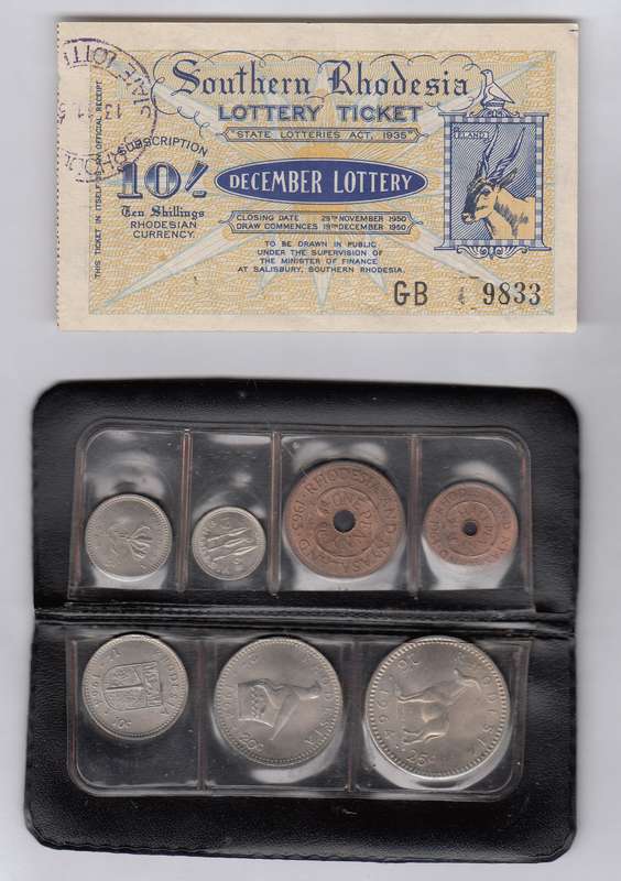 Southern Rhodesia 10-Shilling Lottery Ticket & 1960s UNC Coin Set