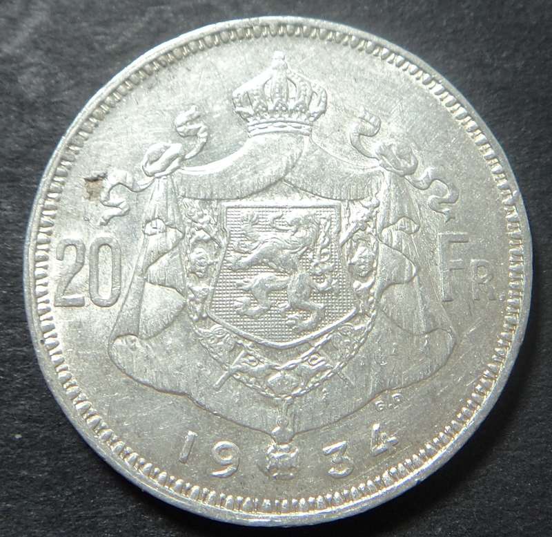 Belgium, Silver 20 Francs of 1934 (Dutch Text)