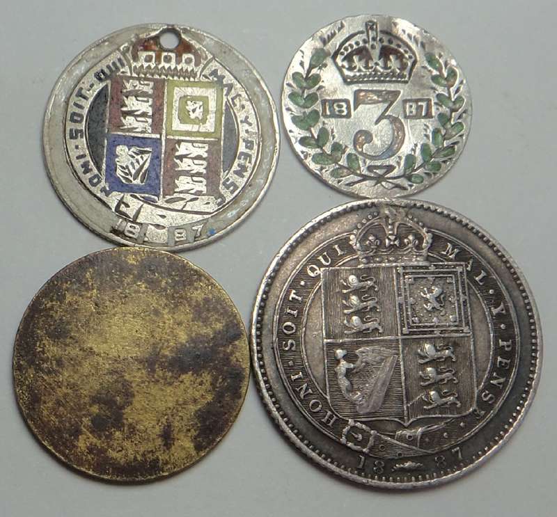 Victorian Medalette, Enameled Coins & Shilling
