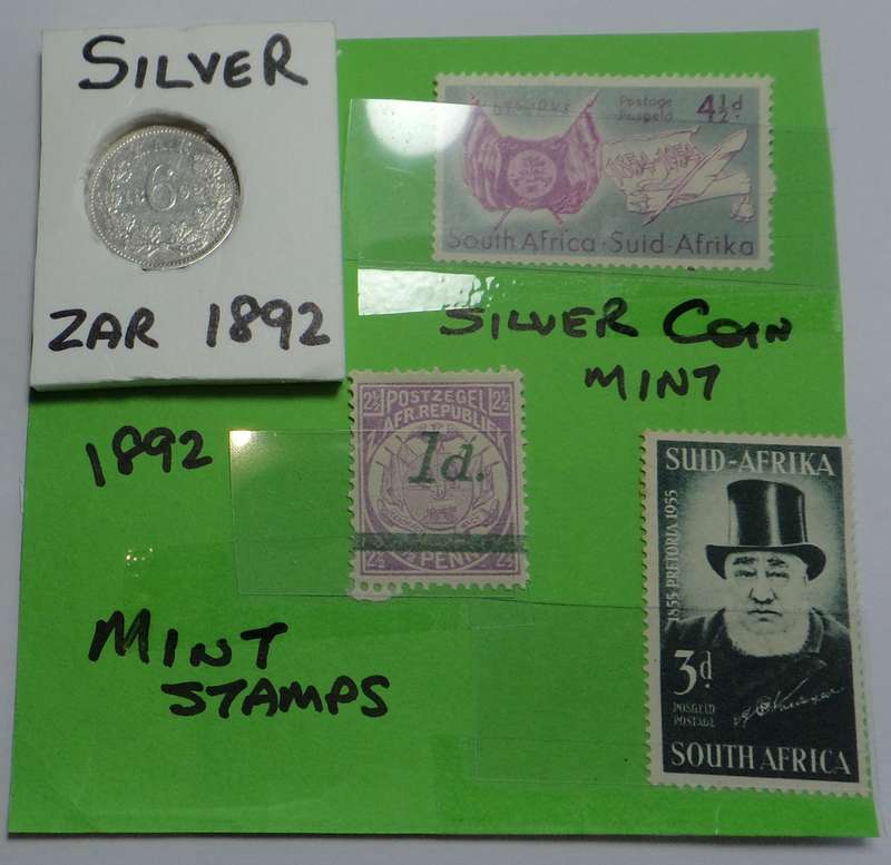 Stamp & Coin Combo: ZAR Sixpence 1892 & Stamps