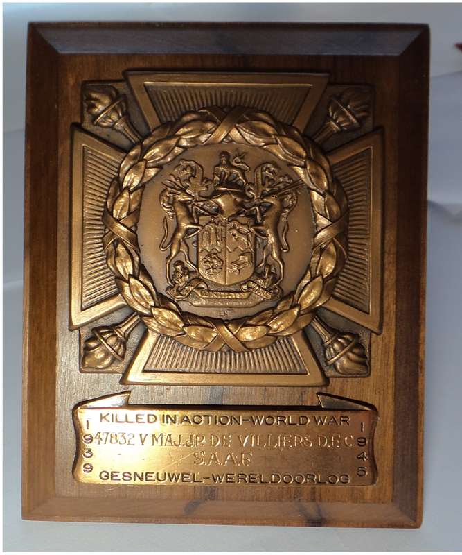 WW2 Memorial Plaque for Maj. J.P. de Villiers  D.F.C. (S.A.A.F.)