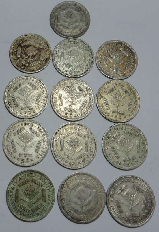 13 x SA Silver 6d / 5c struck after 1950