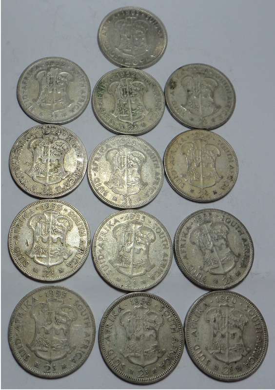 13 x SA Silver 2/- / 20c struck after 1950