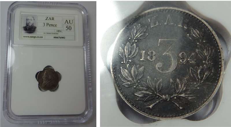 Paul Kruger ZAR 3 Pence 1893 Sangs AU 50