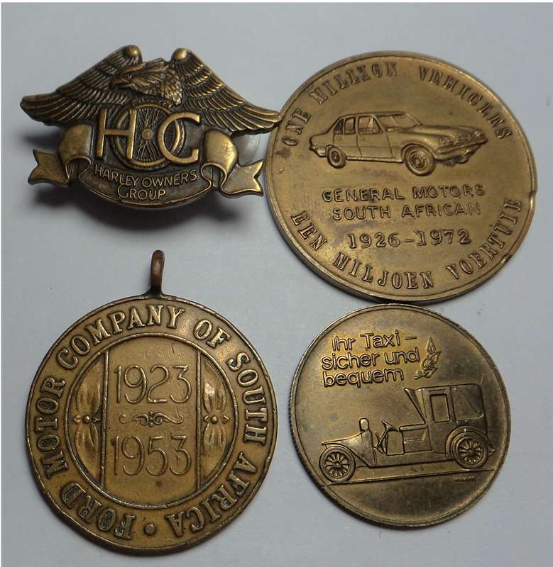 Two SA Motor Company Medals plus Taxi Token & Harley Badge